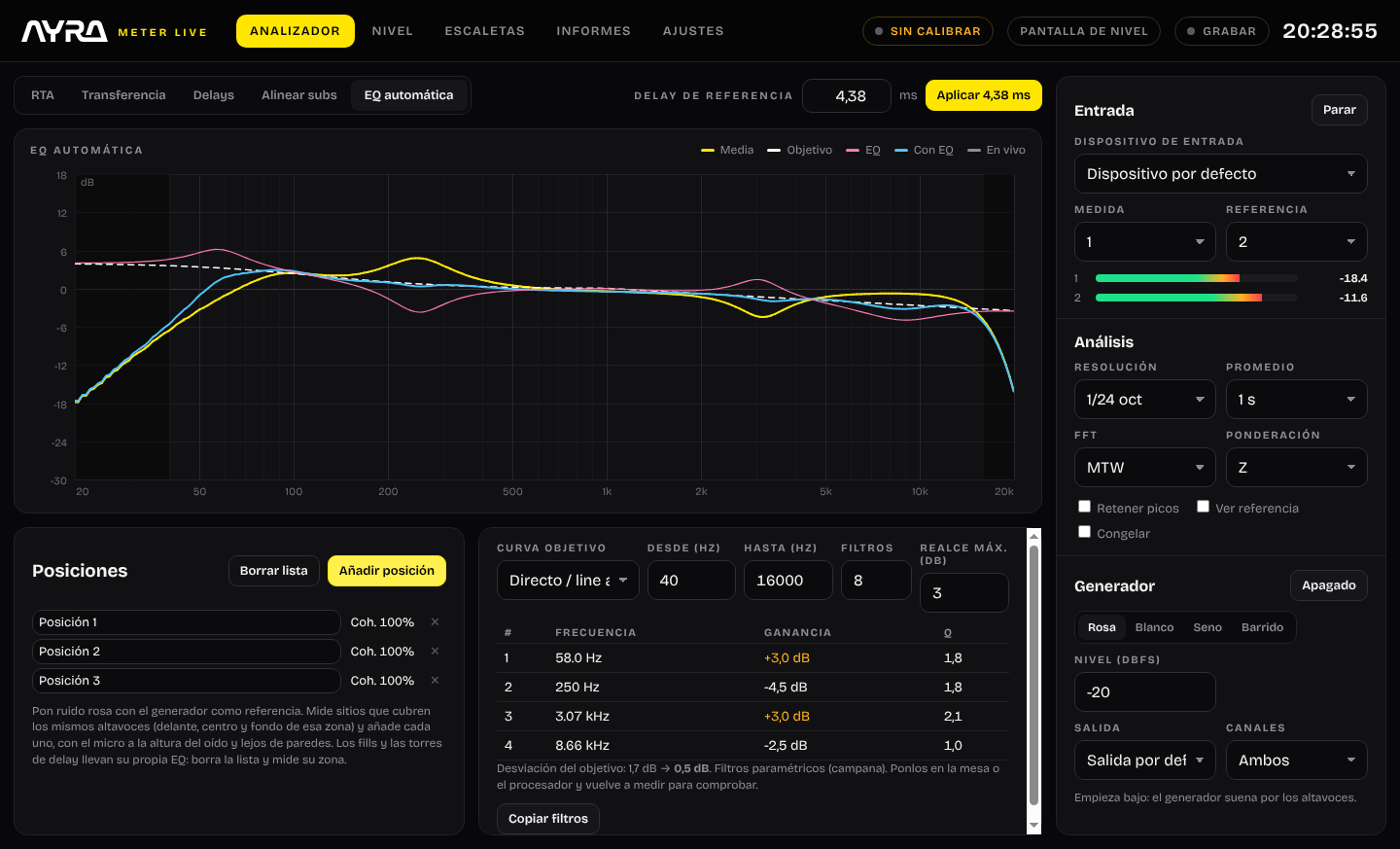 Modo EQ automática con las posiciones medidas y los filtros propuestos.